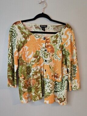 Nicole Taylor Floral Knit Cardigan Large L Green Orange Abstract Button Sweater